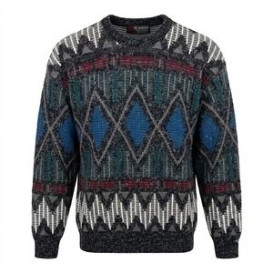 Scandia Vintage 90s Geometric Fair Isle‎ Crewneck Sweater Mens XL Black USA